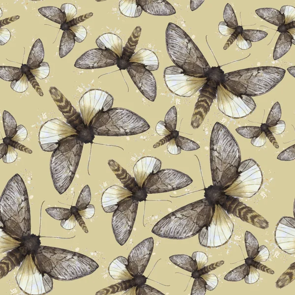 Акварельний малюнок безшовний фон пухнастого метелика, нічний метелик, коричневий колір, світло крил з плямами на кольоровому фоні для прикраси, друк — стоковий вектор