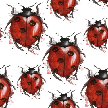  Watercolor drawing of an insect ladybird helloween in a heluin theme with black skulls on the back with splashes on a white background, horror story, predominates red and black color, seamless pattern clipart