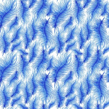 Sulu Boya desen, seamless modeli, arka plan, tüyler, mavi tüyleri, Cadılar Bayramı için grafik ve dekor için beyaz arka plan üzerinde devekuşu tüyü