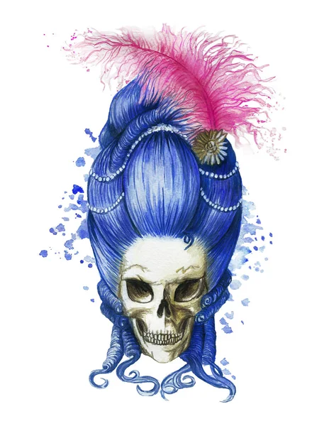 Aquarellzeichnung einer Dame aus dem 16. Jahrhundert mit einer hohen Perücke von blauer Farbe, einem weiblichen menschlichen Schädel in einer Halloween-Perücke mit Perlenschmuck und Straußenfedern von rosa Farbe, ein Print zur Dekoration — Stockfoto