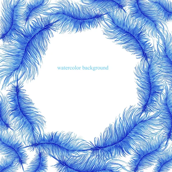 Suluboya çizimi, arka plan, çerçeve, tüyler, mavi tüyleri, Cadılar Bayramı için grafik ve dekor için beyaz arka plan üzerinde devekuşu tüyü