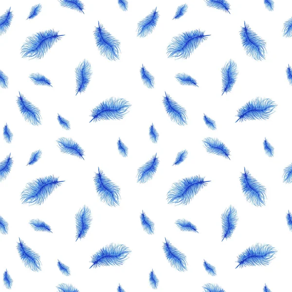 Ακουαρέλα μοτίβο φόντου, χωρίς ραφή πρότυπο, φτερά, μπλε φτερά, για τις Απόκριες, τα φτερά της στρουθοκαμήλου σε άσπρο φόντο, για γραφικά και διακόσμηση — Φωτογραφία Αρχείου