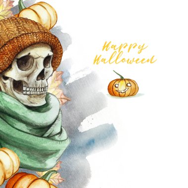 Cadılar Bayramı sıkıcı insan kafatası turuncu örme sıcak yün şapka ve kırmızı kabak ve sonbahar akçaağaç yaprakları, arka planı yeşil eşarp temanın arka plan suluboya çizim suluboya 