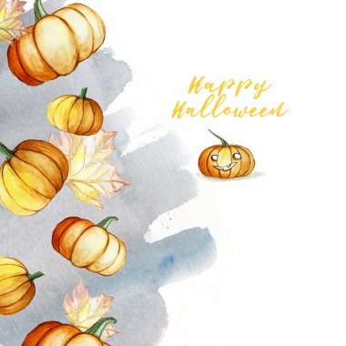  Halloween Tema çerçeveye pumpkins, yaprakları ve suluboya gri bir arka plan ile bir yazıt, sonbahar dekorasyonu, Sonbahar, illüstrasyon, suluboya resim