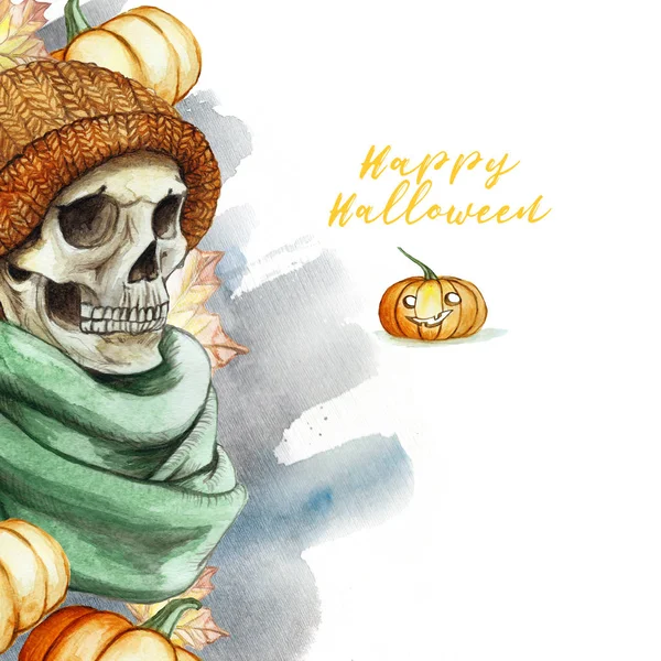 Cadılar Bayramı sıkıcı insan kafatası turuncu örme sıcak yün şapka ve kırmızı kabak ve sonbahar akçaağaç yaprakları, arka planı yeşil eşarp temanın arka plan suluboya çizim suluboya 