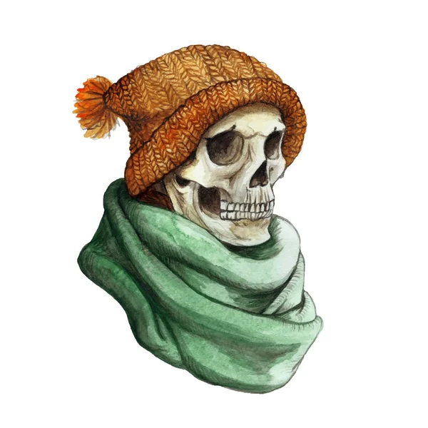 Aquarellzeichnung im Thema von halloween langweiliger menschlicher Schädel in orange gestrickter warmer Wollmütze und grünem Schal, Hintergrund Aquarellflecken von grauer Farbe, Rahmen zur Dekoration — Stockvektor