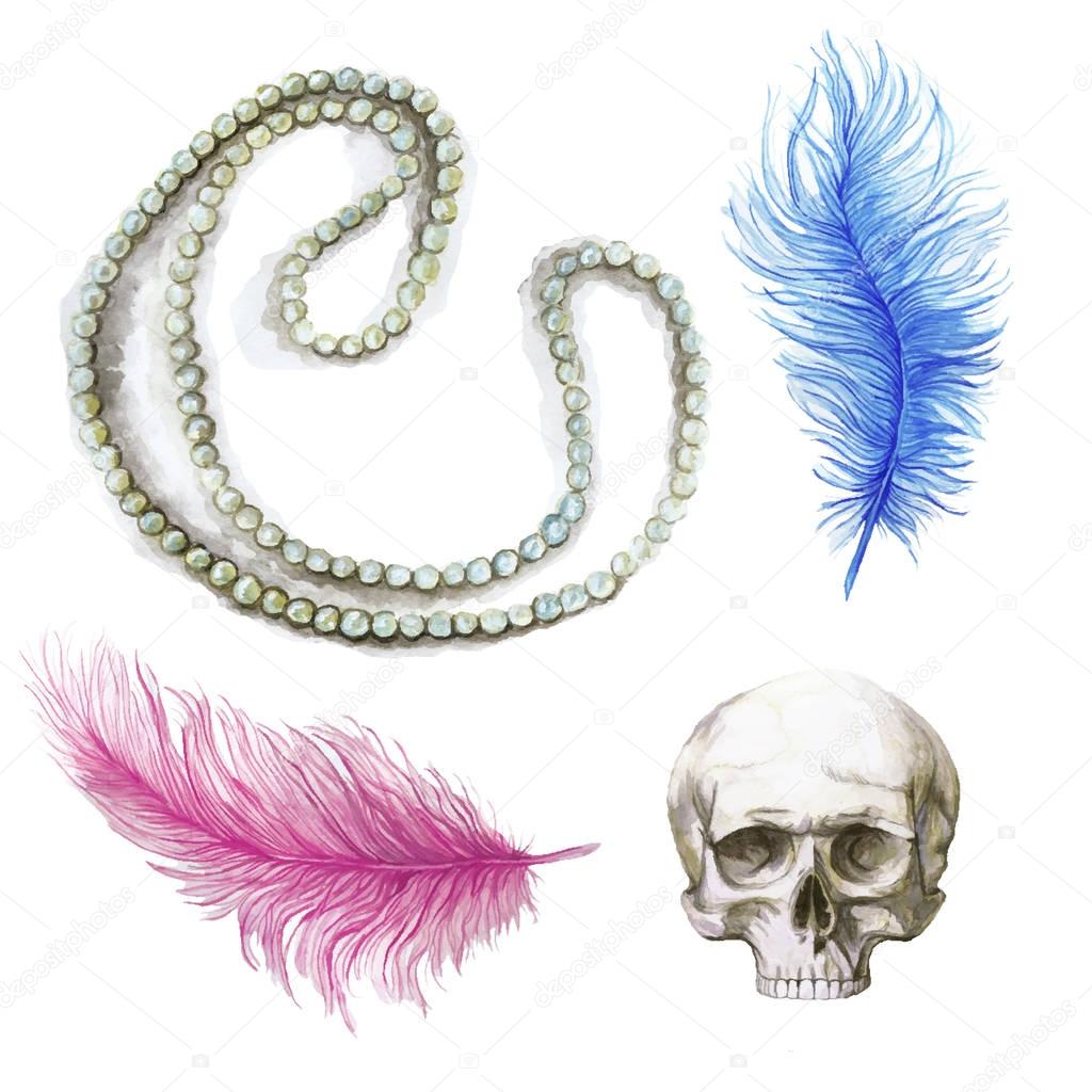 Watercolor drawing, feathers, blue feather, pink feather, human skull, for halloween, composite drawing, ostrich feathers on white background, for graphics and decor