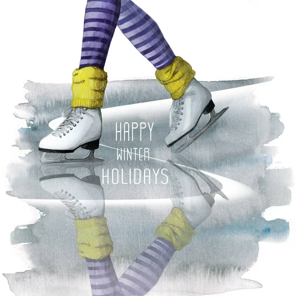 watercolor drawing of a leg in white skates on ice, sports, skiing, winter, for a postcard with a new year and christmas, striped tights
