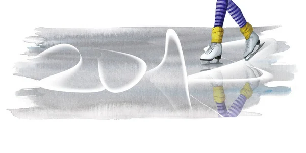 Aquarel tekening van een been in witte schaatsen op ijs, sport, Skiën, winter, voor een briefkaart met een new year 2018 en Kerstmis, gestreepte panty 's — Stockfoto