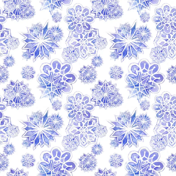 Fundo sem costura aquarela de lilás com flocos de neve brancos para o ano novo e natal, oblonga com flocos de neve, está nevando, para decoração e design em fundo branco, para design de saudação — Fotografia de Stock