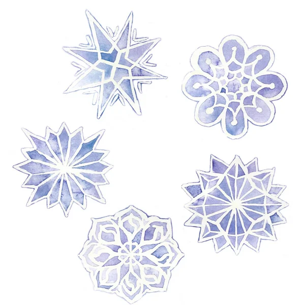 Akwarela, rysunek płatki śniegu, zestaw 6 płatki śniegu, fioletowy na białym tle, grafika i design — Zdjęcie stockowe