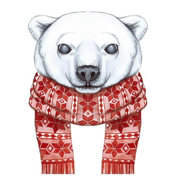 Drawing with a watercolor of a polar bear in the technique of a cartoon, on a theme of the new year, Christmas, in a knitted scarf with a jacquard pattern of red, joyful, smiling, waving his paw, white background, for a greeting card, advent — Stock Photo, Image