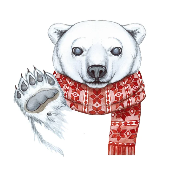 Drawing with a watercolor of a polar bear in the technique of a cartoon, on a theme of the new year, Christmas, in a knitted scarf with a jacquard pattern of red, joyful, smiling, waving his paw, white background, for a greeting card, decoration, adv — Stock Photo, Image