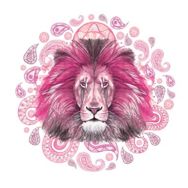 Bir hayvanın bir memeli hayvan, pembe bir aslan, bir pembe yele, Aslan Kral Beasts, büyüklüğü, gücü, Türkiye, Hindistan, Hint desenleri, bir portre beyaz zemin üzerine Türk bir salatalık unsurları ile çizim suluboya