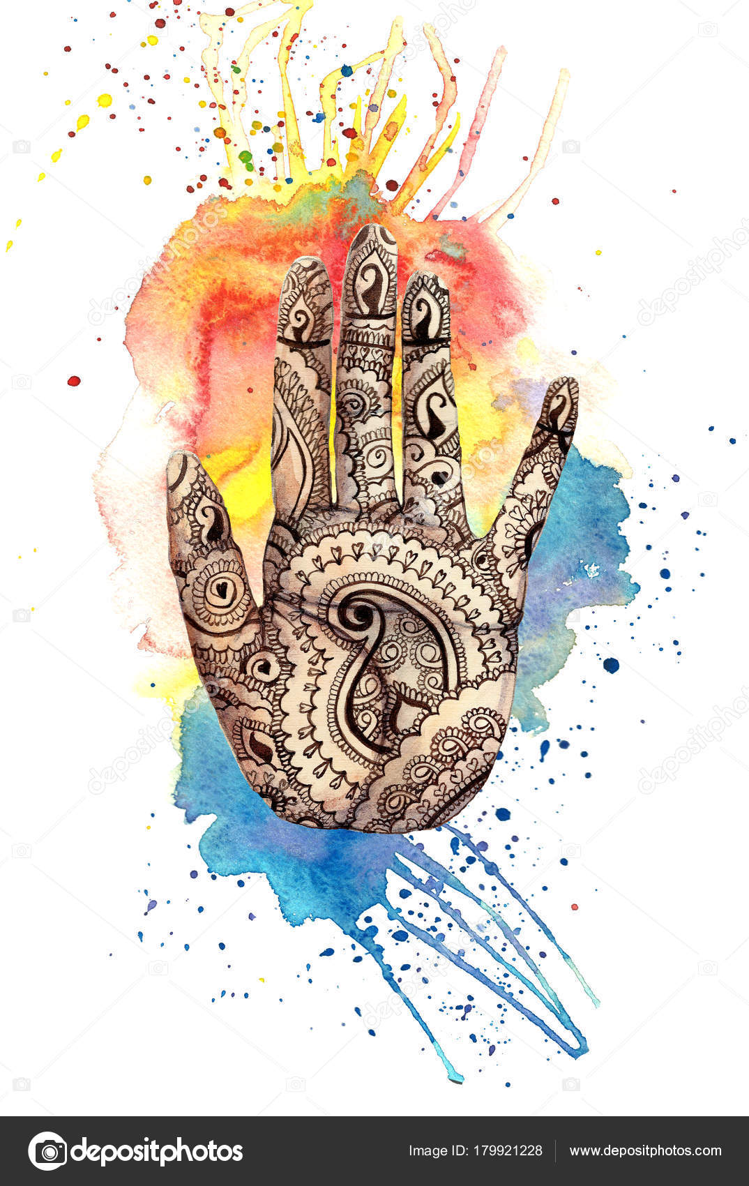 人間の手のデッサン 水彩画 Mehendi とヤシの木結び目 明るい塗装離婚と装飾と白い背景の上はがきのホーリー祭のテーマに水しぶきのインド パターン印刷 ストック写真 C Zaammari