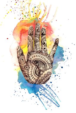 Bir insan eli çizim bir suluboya palms bir Mehdi ile düğüm, parlak boya boşanmalar ve sıçraması, dekor ve beyaz bir arka plan üzerinde bir kartpostal bir holi festivali temalı bir Hint desen bir Yazdır 