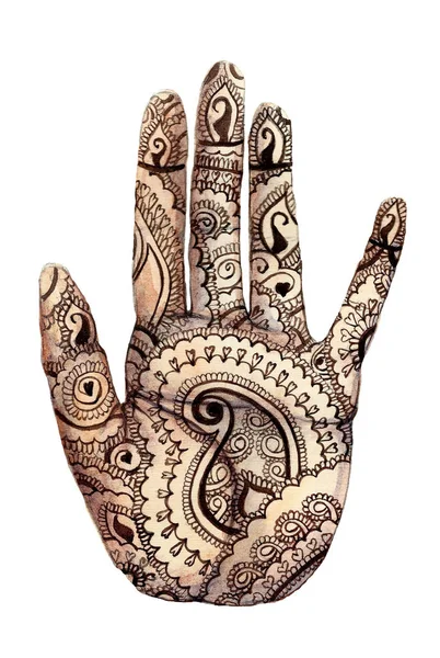 Desenho Aquarela Uma Mão Humana Palmas Com Mehendi Padrão Indiano — Fotografia de Stock