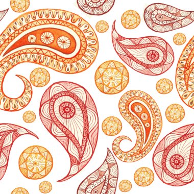 Sulu Boya Dikişsiz desen Hint Tema, kırmızı ve turuncu renklerde dekorasyon duvar, kumaş, beyaz bir arka plan üzerinde basılı ürünler için Türk salatalık üzerinde