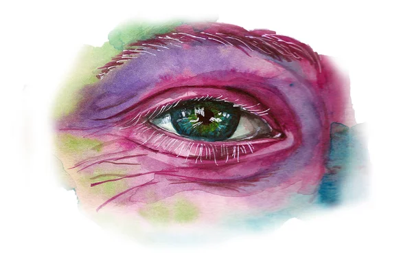 Akvarell Ritning Mans Huvud Insmorda Paint Flerfärgad Ansikte Porträtt Öppnade — Stockfoto