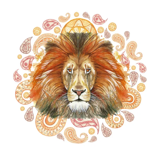 哺乳類の動物 レッド ライオン 赤いたてがみ 獣のライオン キング トルコ人の要素を持つ偉大さ イギリス インド インドのパターンの肖像画の捕食者の描く水彩画 — ストックベクタ