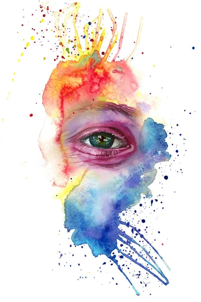 Dessin Aquarelle Tête Homme Est Sale Dans Peinture Visage Multicolore — Image vectorielle