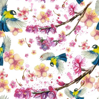 watercolor drawing seamless pattern on the theme of spring, heat, illustration of a bird of a troop of passerine-shaped large tits flying, with open wings, feathers, with yellow breast and blue plumage, hyperrealism, with flowering sakura branches, p clipart