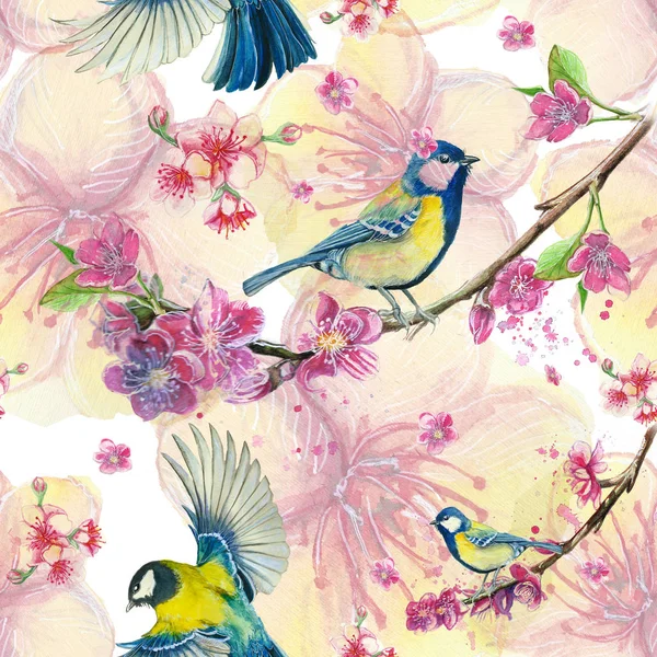 watercolor drawing seamless pattern on the theme of spring, heat, illustration of a bird of a troop of passerine-shaped large tits flying, with open wings, feathers, with yellow breast and blue plumage, hyperrealism, with flowering sakura branches, p