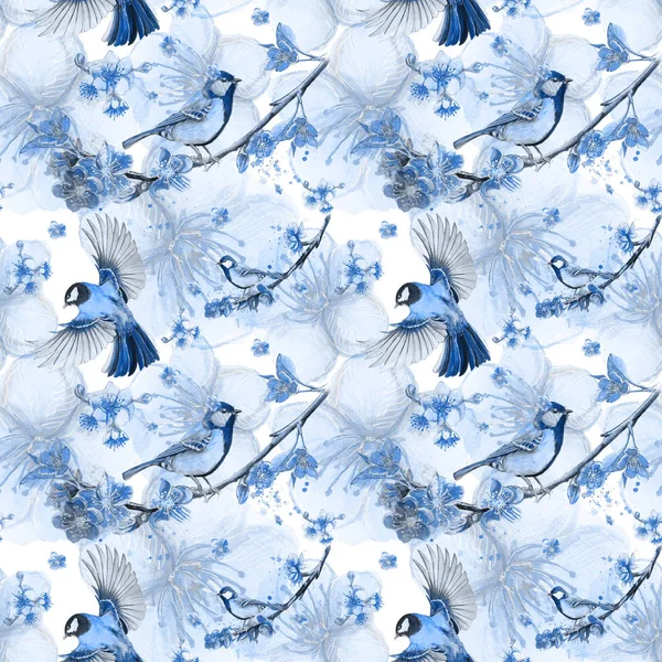 watercolor drawing seamless pattern on the theme of spring, heat, illustration of a bird of a troop of passerine-shaped large tits flying, with open wings, feathers, with yellow breast and blue plumage, hyperrealism, with flowering sakura branches, p
