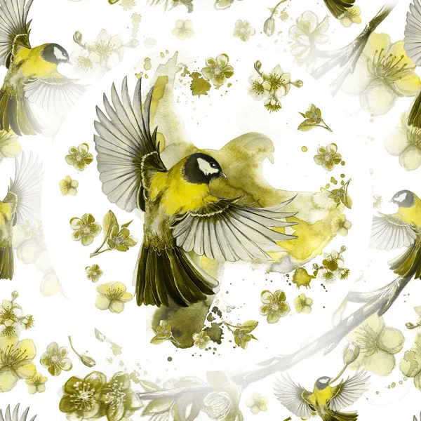 Dibujo Acuarela Patrón Sin Costura Tema Primavera Calor Ilustración Pájaro —  Fotos de Stock