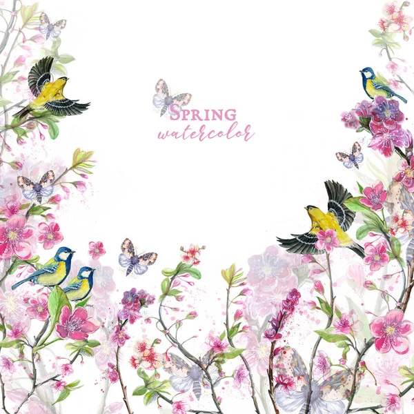 Çizim kiraz kiraz çiçekleri kiraz çiçekleri, pembe çiçekler, Bahar, anneler günü, 8 Mart konulu nazik sesleri suluboya, kuşlar, göğüsleri ve oriol için dekor ve tasarım POS ile doğum günü