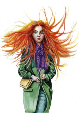 Watercolor drawing of a red-haired girl, where the hair develops in the wind in a green coat in a lilac scarf, with green eyes, in the style of a facial expression, a fashionable girl for design, decor clipart