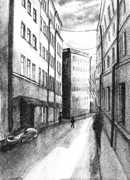 都市景観 暗い色調 Windows 旧市街の高層ビルでの距離 夕暮れ時 雨上がり 通行人の暗いシルエット通りに行く道を描く水彩画日没 カラフルな — ストック写真