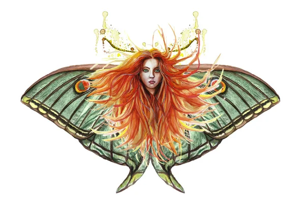 Акварельная Иллюстрация Отпечатка Рыжеволосой Девушки Развивающимися Волосами Ветру Зелеными Глазами — стоковое фото
