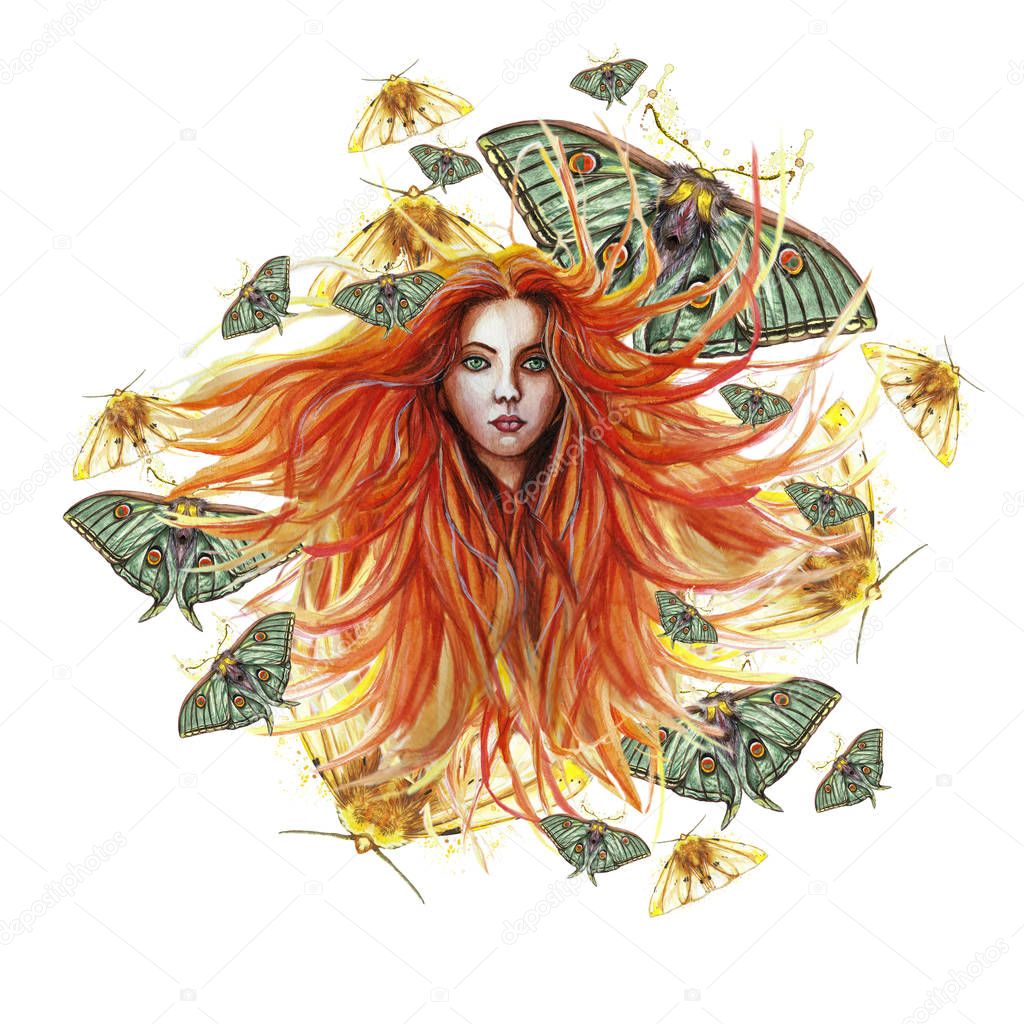 Watercolor illustration of a print of a red-haired girl with developing hair in the wind with green eyes, expressive facial features, around her a lot of green butterflies, night moths, gothic figure, mysticism