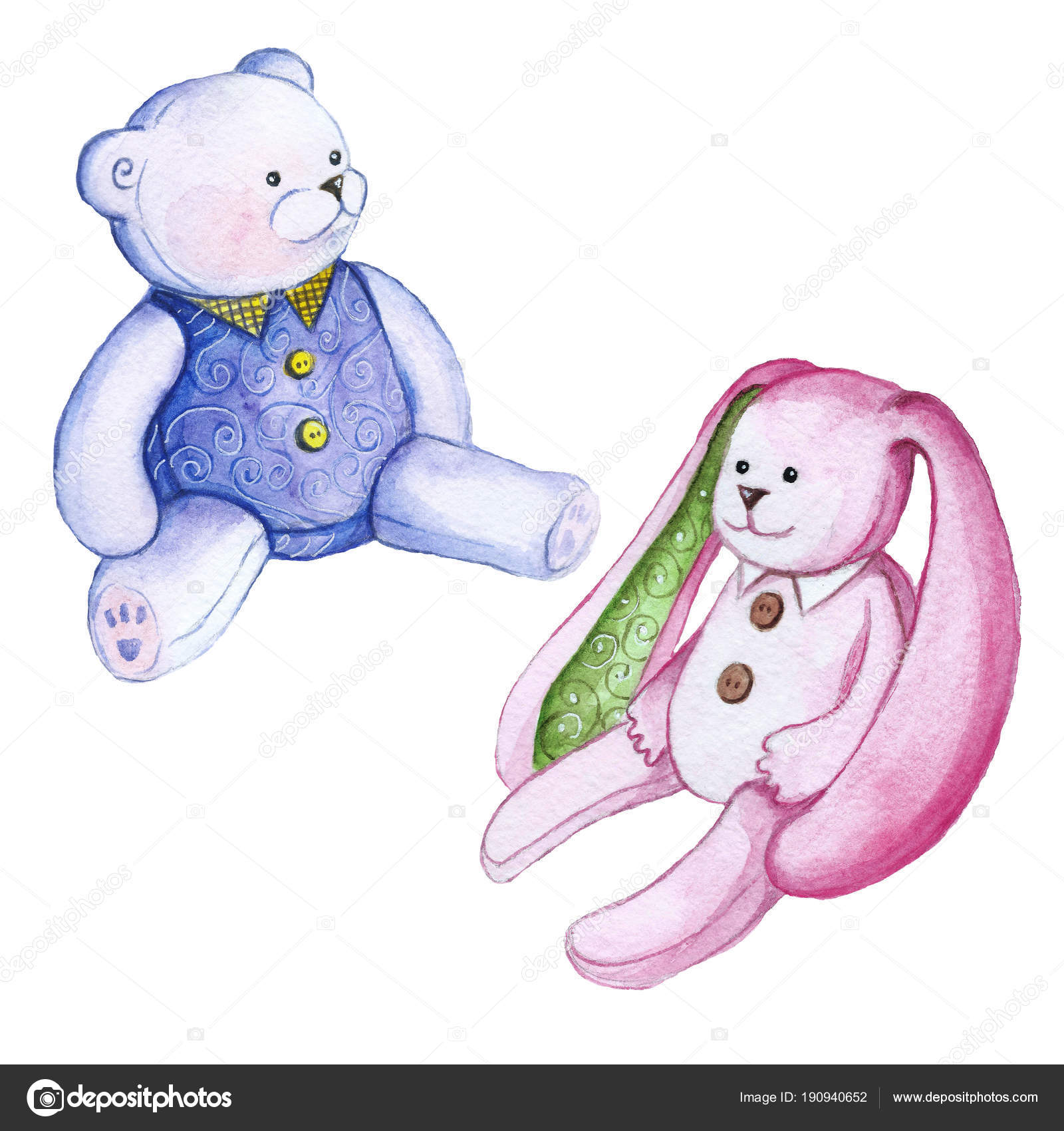 Watercolor Drawing Set Plush Toys Teddy Bear Bunny Pink Bunny Stock Photo  by ©Zaammari 190940652