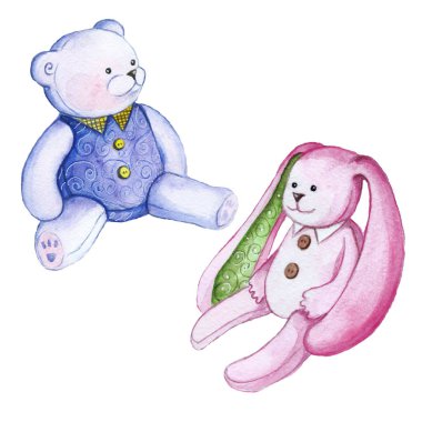 Dekorasyon ve tasarım için suluboya peluş oyuncaklar, oyuncak ayı ve tavşan, desen ve leylak ayıcık giysileri animasyon tarzı, çocuklar 's ile pembe tavşan kümesi çizim çizim