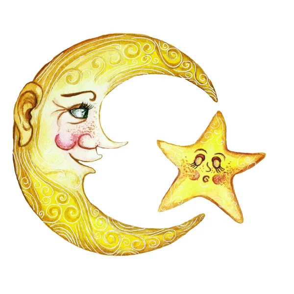 Akvarell Rajz Elemek Hold Hold Csillagok Égen Alszik Nyomtatási Illusztráció — Stock Fotó