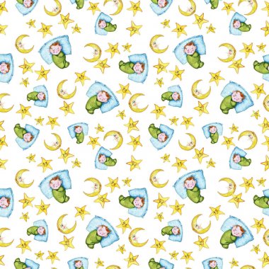 Bir çocuk şekil ve iyi bir gece sarı yıldız çevresinde küçük bir çocukla temalı sulu boya Dikişsiz desen ay olduğunu gülümseyen, yumuşak peluş oyuncaklar, tavşan ve ayı ile ay için pembe bir arka plan üzerinde tatlı rüyalar