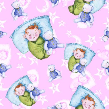 Bir çocuk şekil ve iyi bir gece sarı yıldız çevresinde küçük bir çocukla temalı sulu boya Dikişsiz desen ay olduğunu gülümseyen, yumuşak peluş oyuncaklar, tavşan ve ayı ile ay için pembe bir arka plan üzerinde tatlı rüyalar