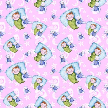 Bir çocuk şekil ve iyi bir gece sarı yıldız çevresinde küçük bir çocukla temalı sulu boya Dikişsiz desen ay olduğunu gülümseyen, yumuşak peluş oyuncaklar, tavşan ve ayı ile ay için pembe bir arka plan üzerinde tatlı rüyalar