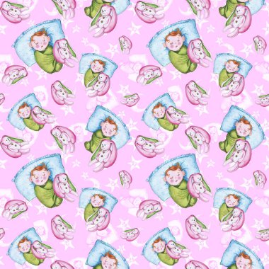 Bir çocuk şekil ve iyi bir gece sarı yıldız çevresinde küçük bir çocukla temalı sulu boya Dikişsiz desen ay olduğunu gülümseyen, yumuşak peluş oyuncaklar, tavşan ve ayı ile ay için pembe bir arka plan üzerinde tatlı rüyalar