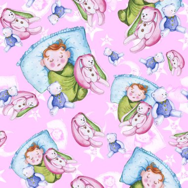 Bir çocuk şekil ve iyi bir gece sarı yıldız çevresinde küçük bir çocukla temalı sulu boya Dikişsiz desen ay olduğunu gülümseyen, yumuşak peluş oyuncaklar, tavşan ve ayı ile ay için pembe bir arka plan üzerinde tatlı rüyalar