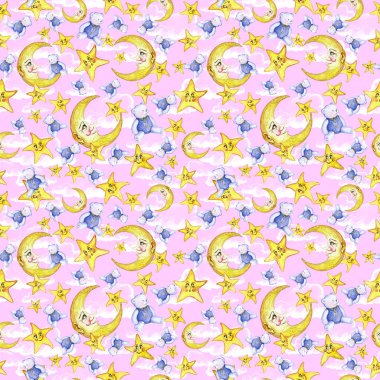 İyi geceler, ay, ay ve yıldızlar, yıldız, pembe bir arka plan üzerinde gece gökyüzünde yumuşak oyuncaklar ile uyuyan bir çocuk gösteren resim temalı sulu boya Dikişsiz desen