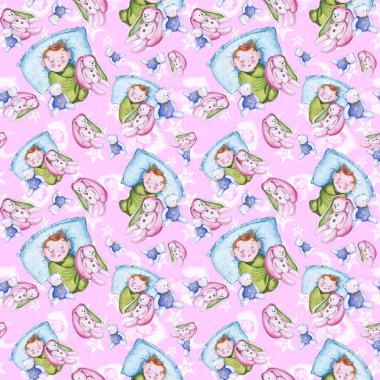 Bir çocuk şekil ve iyi bir gece sarı yıldız çevresinde küçük bir çocukla temalı sulu boya Dikişsiz desen ay olduğunu gülümseyen, yumuşak peluş oyuncaklar, tavşan ve ayı ile ay için pembe bir arka plan üzerinde tatlı rüyalar