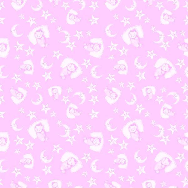 子供のイラストと黄色の星の周りの小さな子供とおやすみをテーマに水彩画のシームレス パターン月は笑みを浮かべて 柔らかいプラシ天のおもちゃ ウサギ クマと ムーンのピンクの背景の甘い夢 — ストック写真