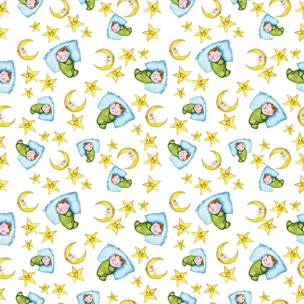 Bir çocuk şekil ve iyi bir gece sarı yıldız çevresinde küçük bir çocukla temalı sulu boya Dikişsiz desen ay olduğunu gülümseyen, yumuşak peluş oyuncaklar, tavşan ve ayı ile ay için pembe bir arka plan üzerinde tatlı rüyalar