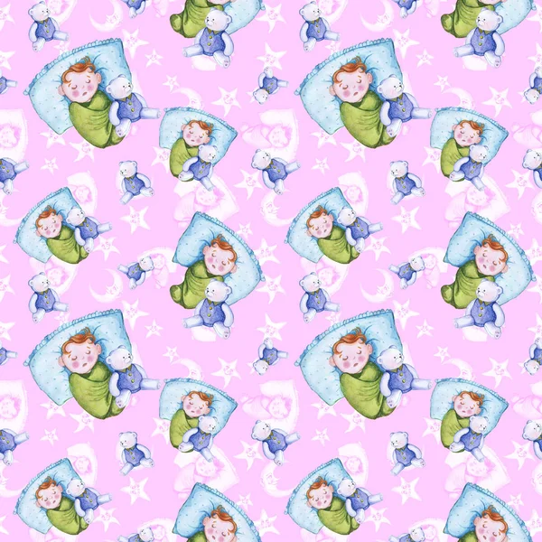 Watercolor Seamless Pattern Theme Children Illustration Good Night Small Child — Stock Photo, Image