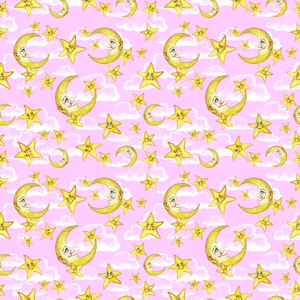 Watercolor Seamless Pattern Theme Children Illustration Good Night Moon Month — Stock Photo, Image