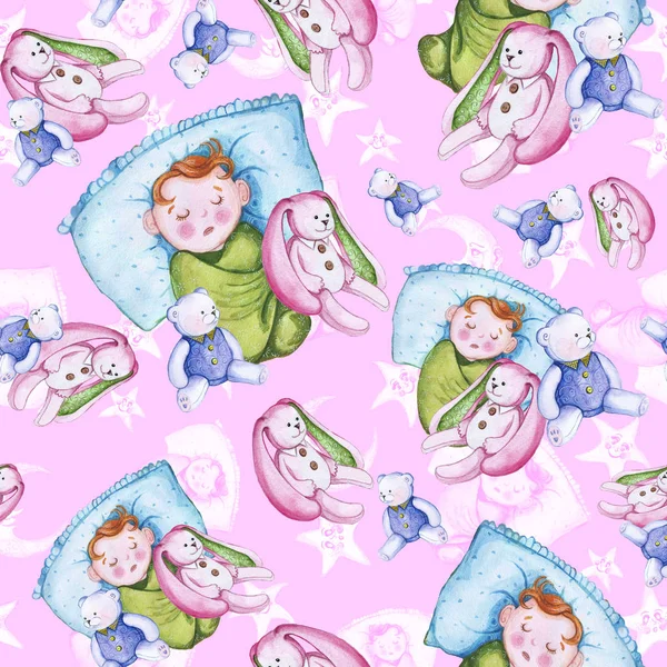 Bir çocuk şekil ve iyi bir gece sarı yıldız çevresinde küçük bir çocukla temalı sulu boya Dikişsiz desen ay olduğunu gülümseyen, yumuşak peluş oyuncaklar, tavşan ve ayı ile ay için pembe bir arka plan üzerinde tatlı rüyalar