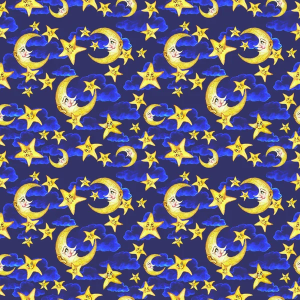 Акварель Бесшовный Узор Тему Детской Иллюстрации Спокойной Ночи Луной Месяцем — стоковое фото
